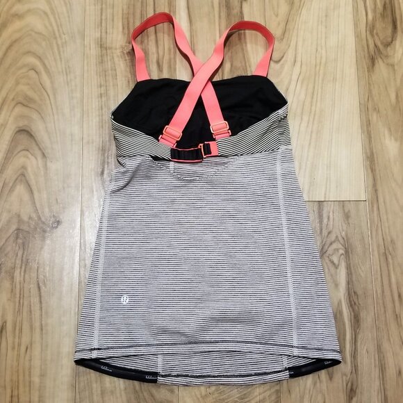 Lululemon Run Catch Me Tank Top 2 Womens Black Beige Stripes Adj Neon Straps - Picture 8 of 11